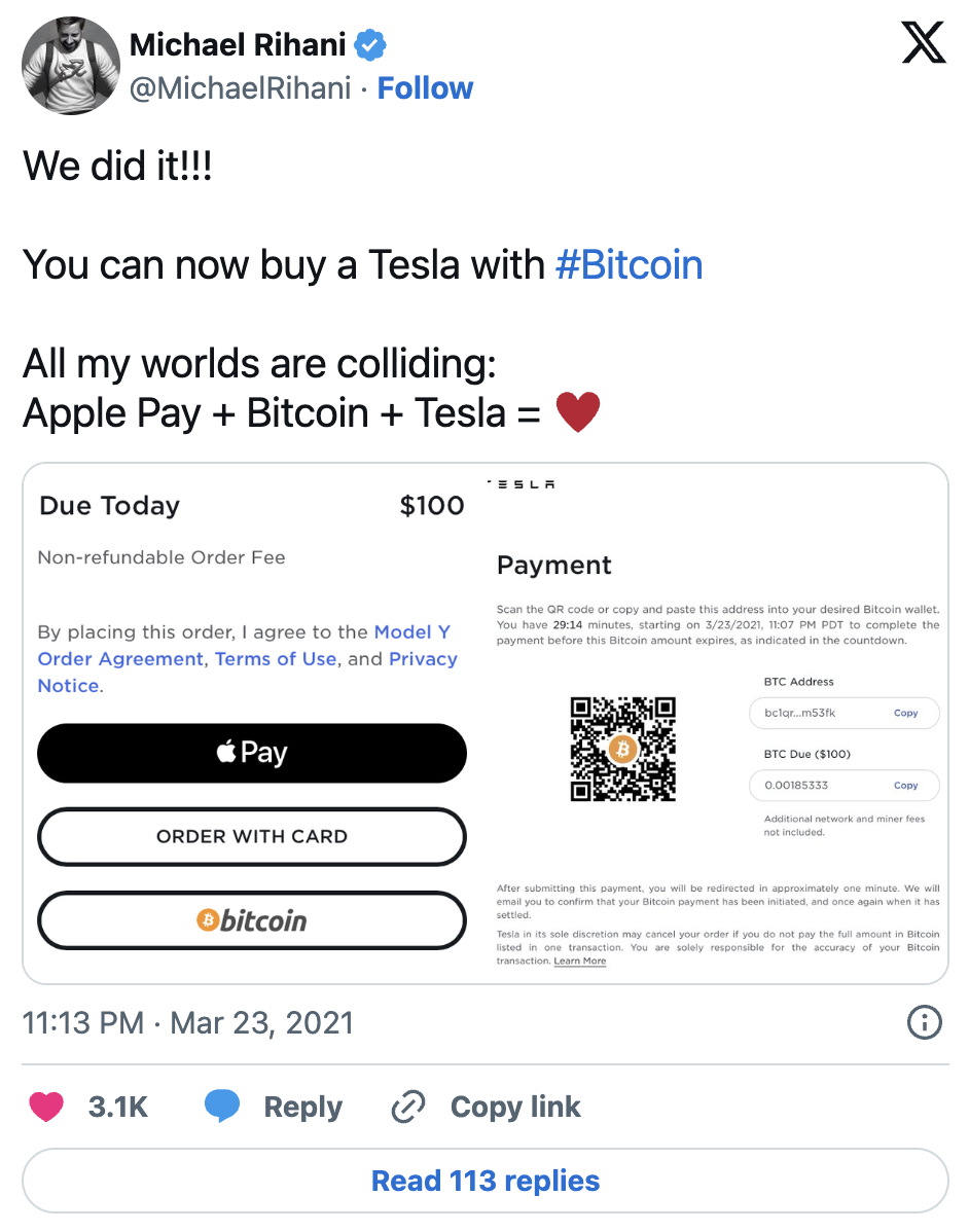 Michael Rihani's March 2021 launch post showing Tesla.com checkout with Apple Pay, card, and Bitcoin payment options